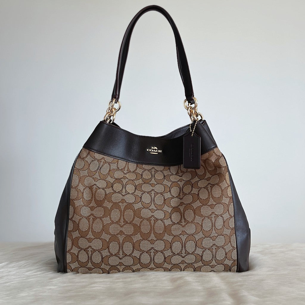 Coach Chocolate Leather Monogram Triple Compartment Shoulder Bag Like New
