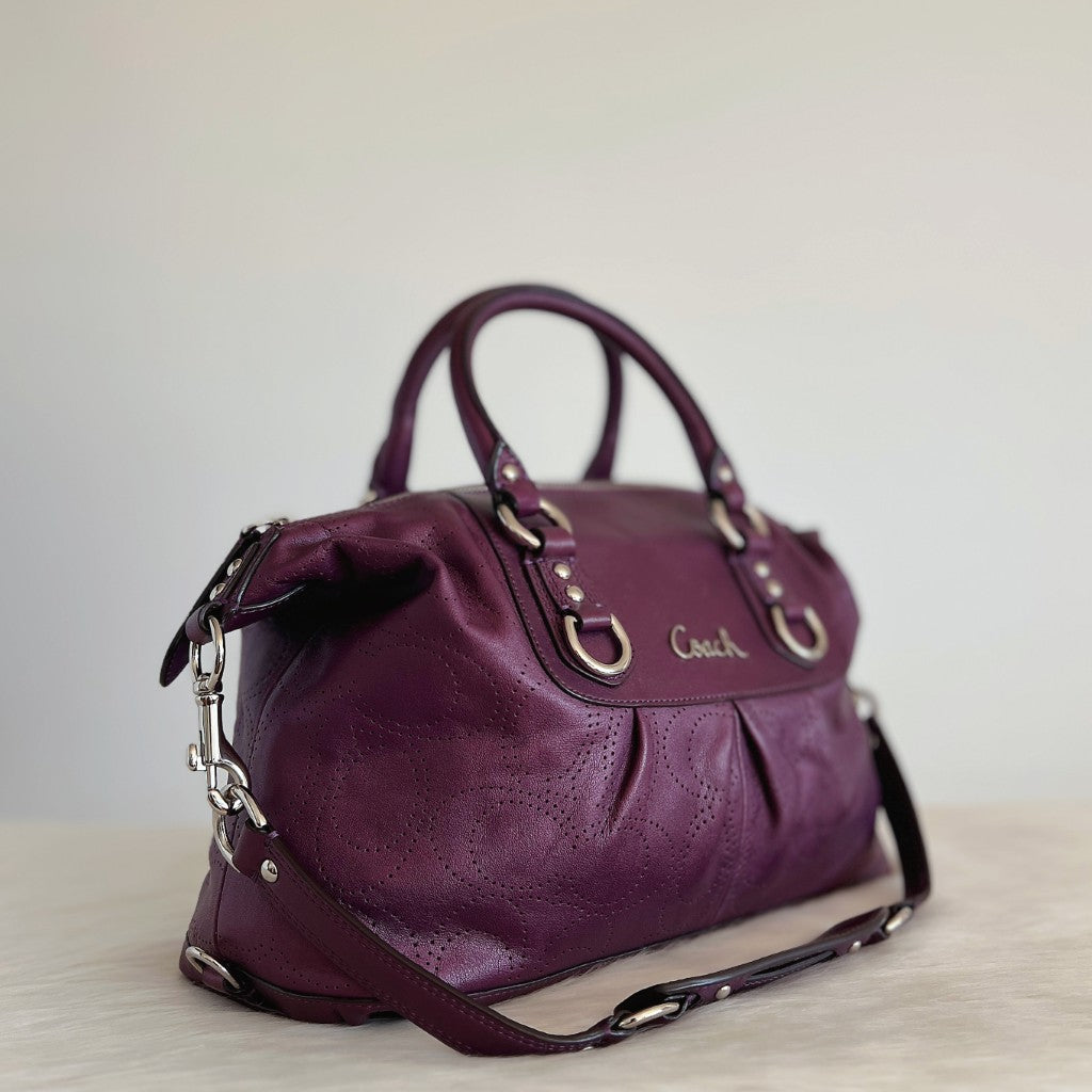 Coach Purple Leather Front Logo Boston 2 Way Shoulder Bag