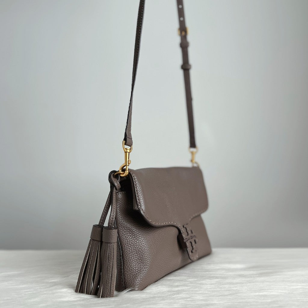 Tory Burch Taupe Leather Front Buckle Tassel Charm Crossbody Shoulder Bag Like New