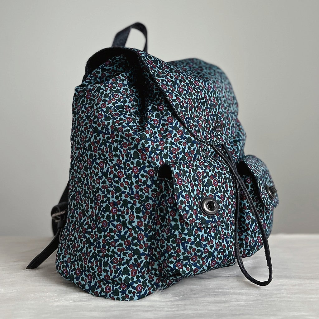 Coach Navy Leather Floral Print Drawstring Backpack Excellent