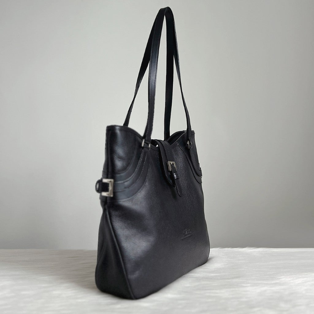 Longchamp Black Leather Buckle Detail Carryall Shoulder Bag Excellent