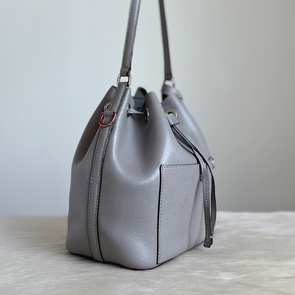 Michael Kors Grey Leather Drawstring Bucket 2 Way Shoulder Bag