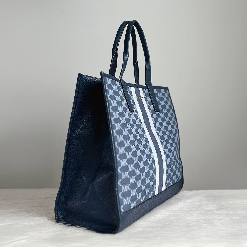 Michael Kors Navy Leather Monogram Oversized Book Tote Shoulder Bag Like New