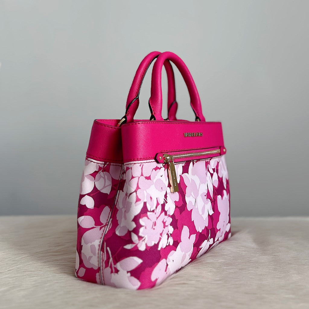 Michael Kors Fuchsia Leather Floral Triple Compartment 2 Way Shoulder Bag Like New
