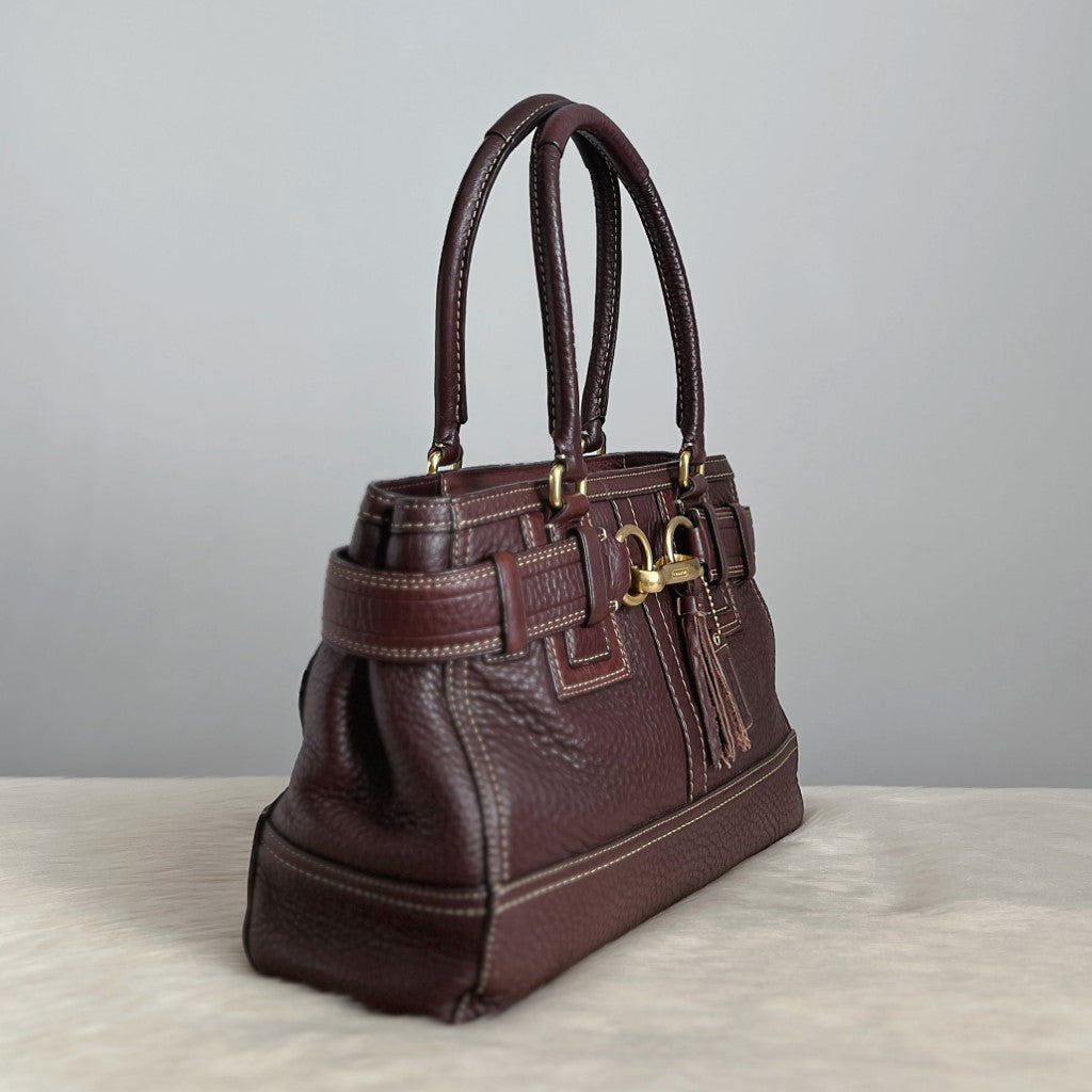Coach Chocolate Leather Front Buckle Tassel Charm Shoulder Bag Excellent