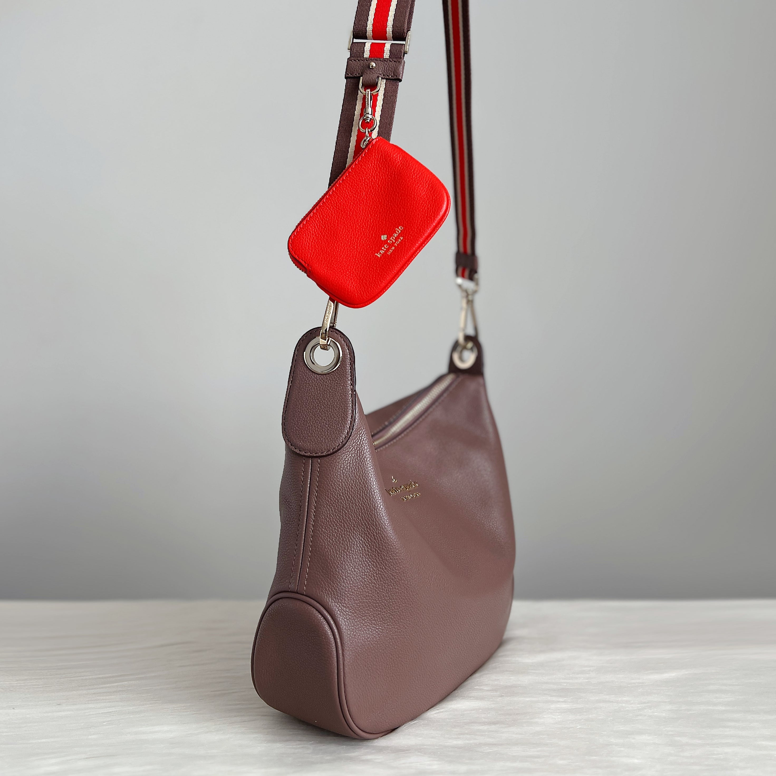 Kate Spade Mocha Leather Double Strap Crossbody Shoulder Bag + Pouch Like New