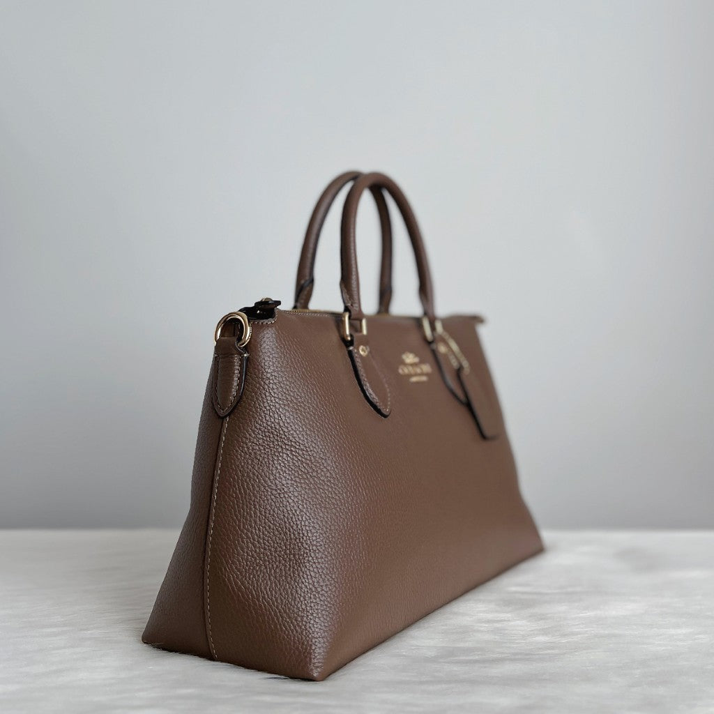 Coach Mocha Leather Front Logo Career 2 Way Shoulder Bag Like New