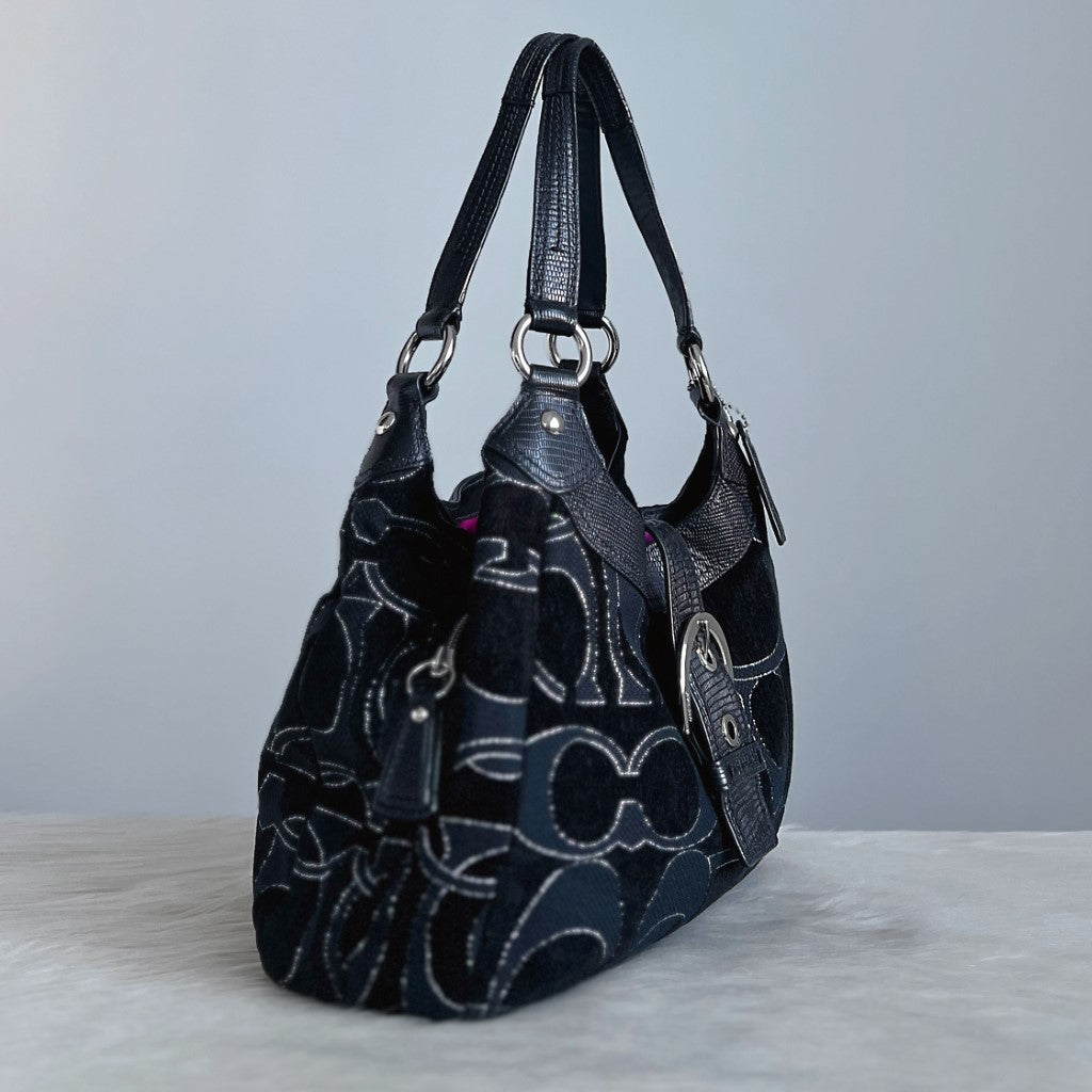 Coach Black Leather Monogram Triple Compartment Shoulder Bag Excellent