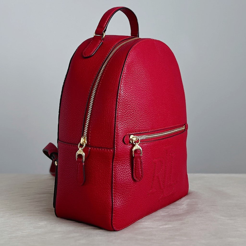 Ralph Lauren Red Leather Front Embossed Logo Backpack Excellent