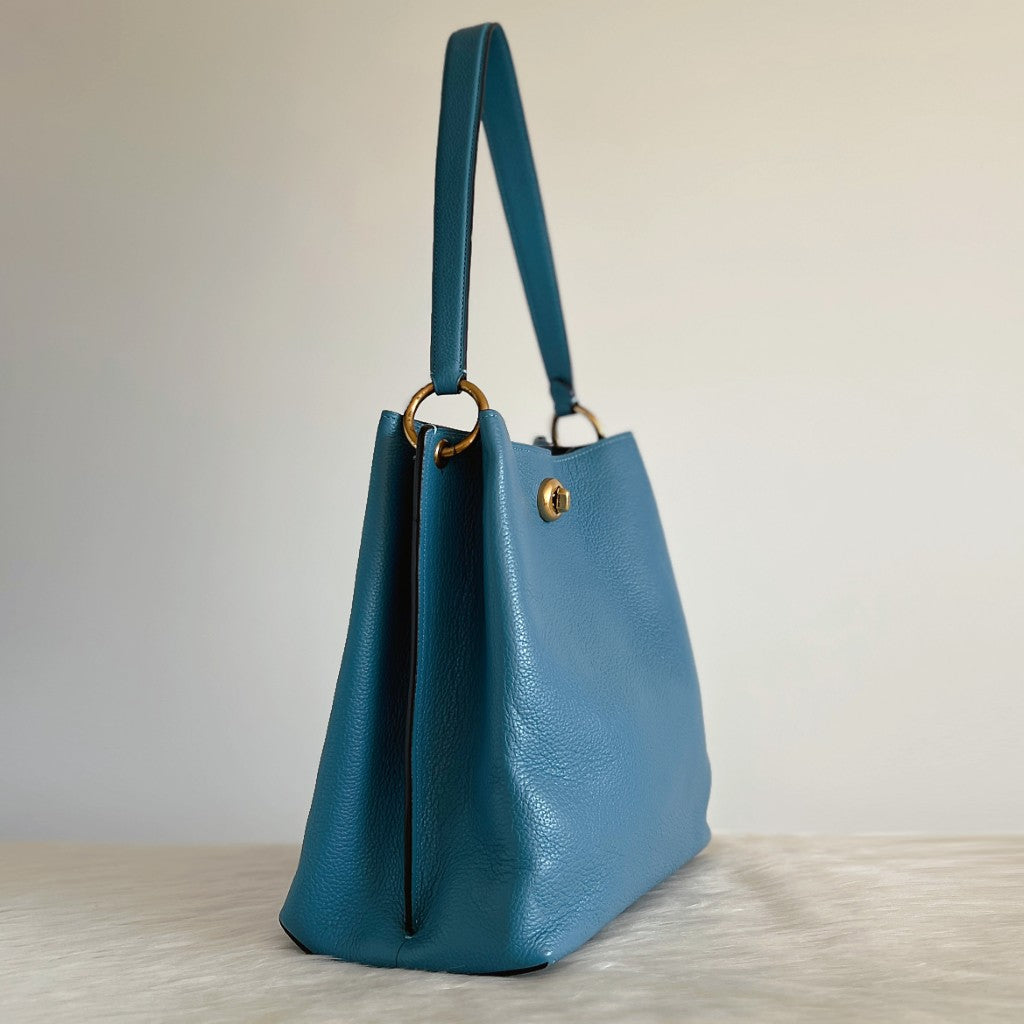 Coach Teal Leather Double Compartment Bucket 2 Way Shoulder Bag Like New