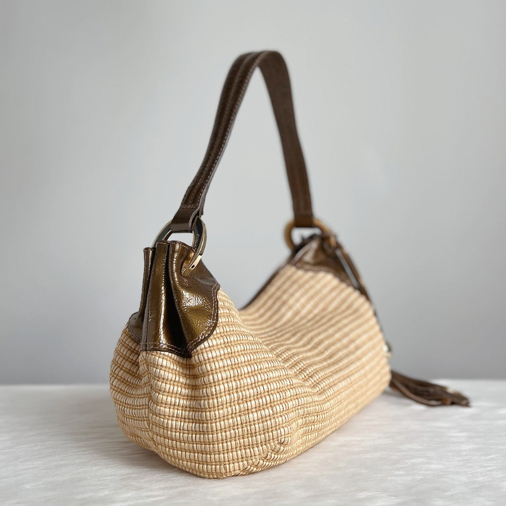 Furla Patent Leather Straw Slouchy Tassel Detail Shoulder Bag Excellent