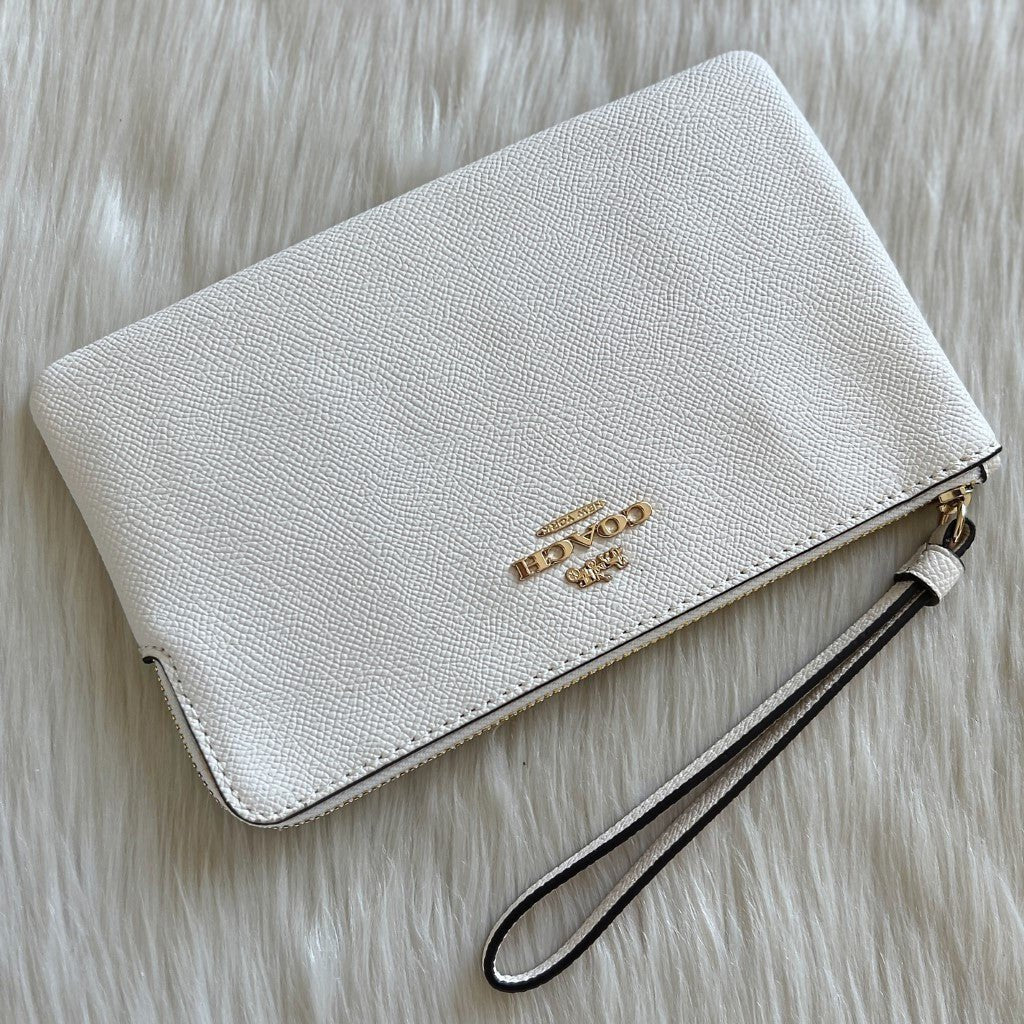 Coach White Leather Front Logo Wrist Strap Clutch Wallet