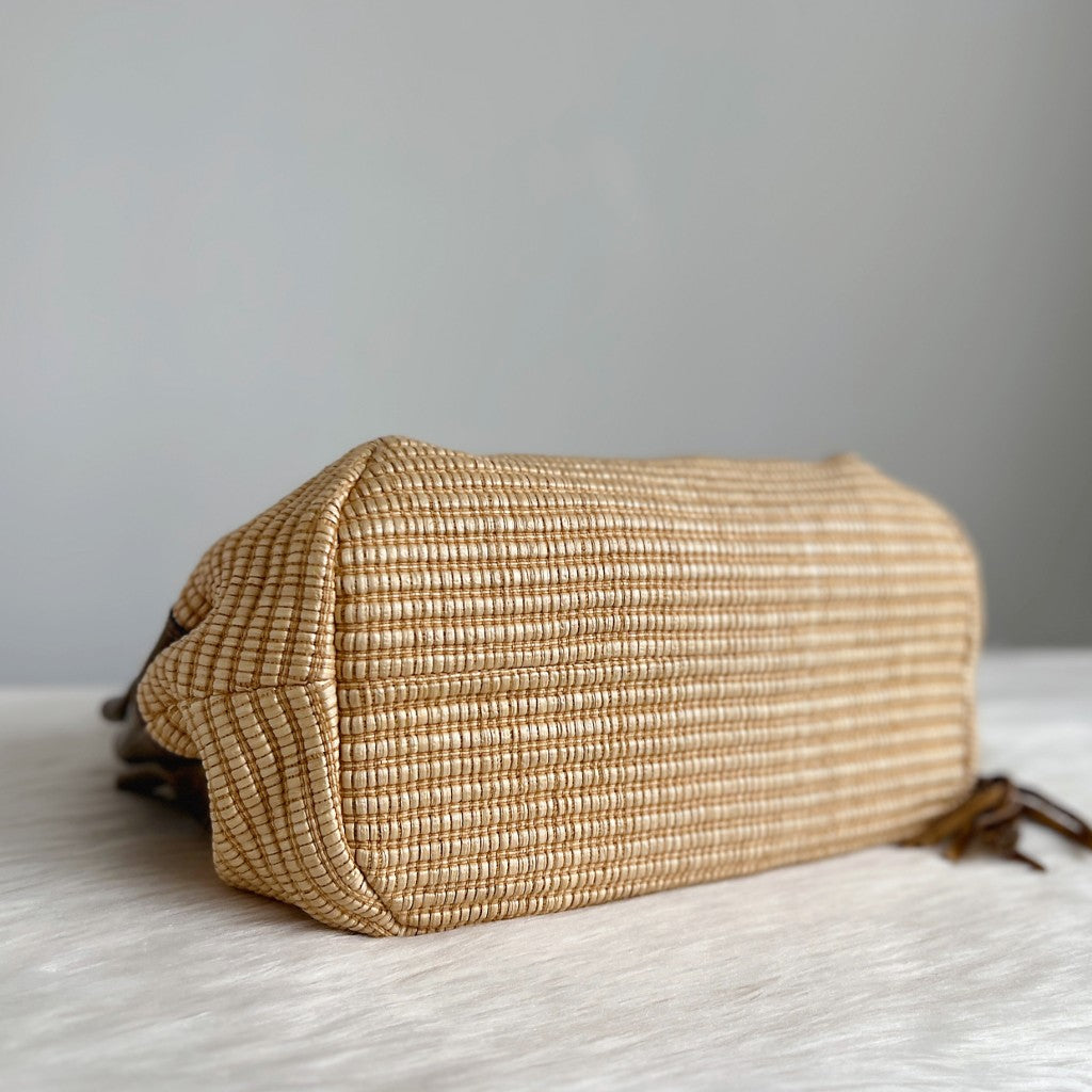 Furla Patent Leather Straw Slouchy Tassel Detail Shoulder Bag Excellent