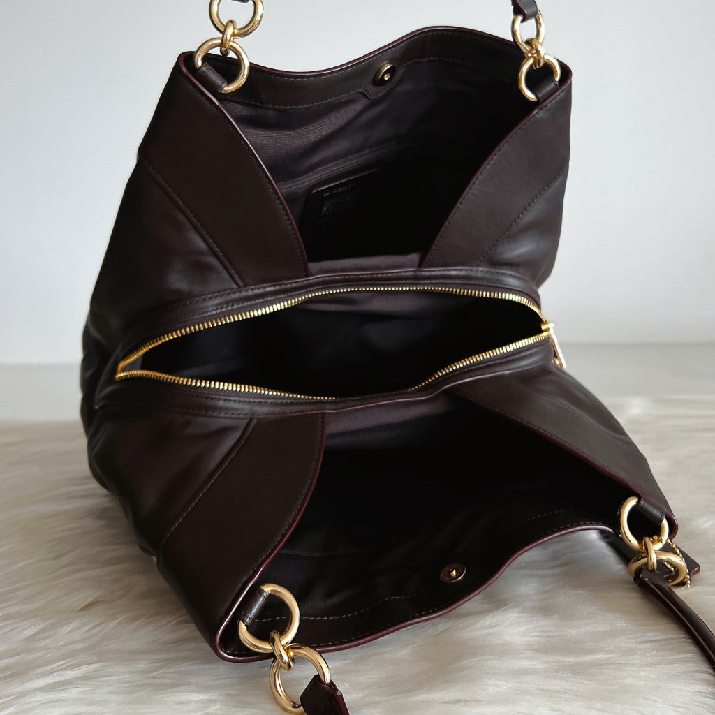 Coach Chocolate Leather Monogram Triple Compartment Shoulder Bag Like New