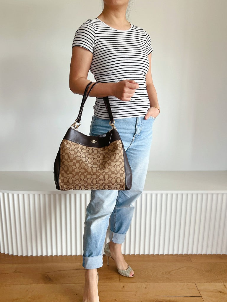Coach Chocolate Leather Monogram Triple Compartment Shoulder Bag Like New