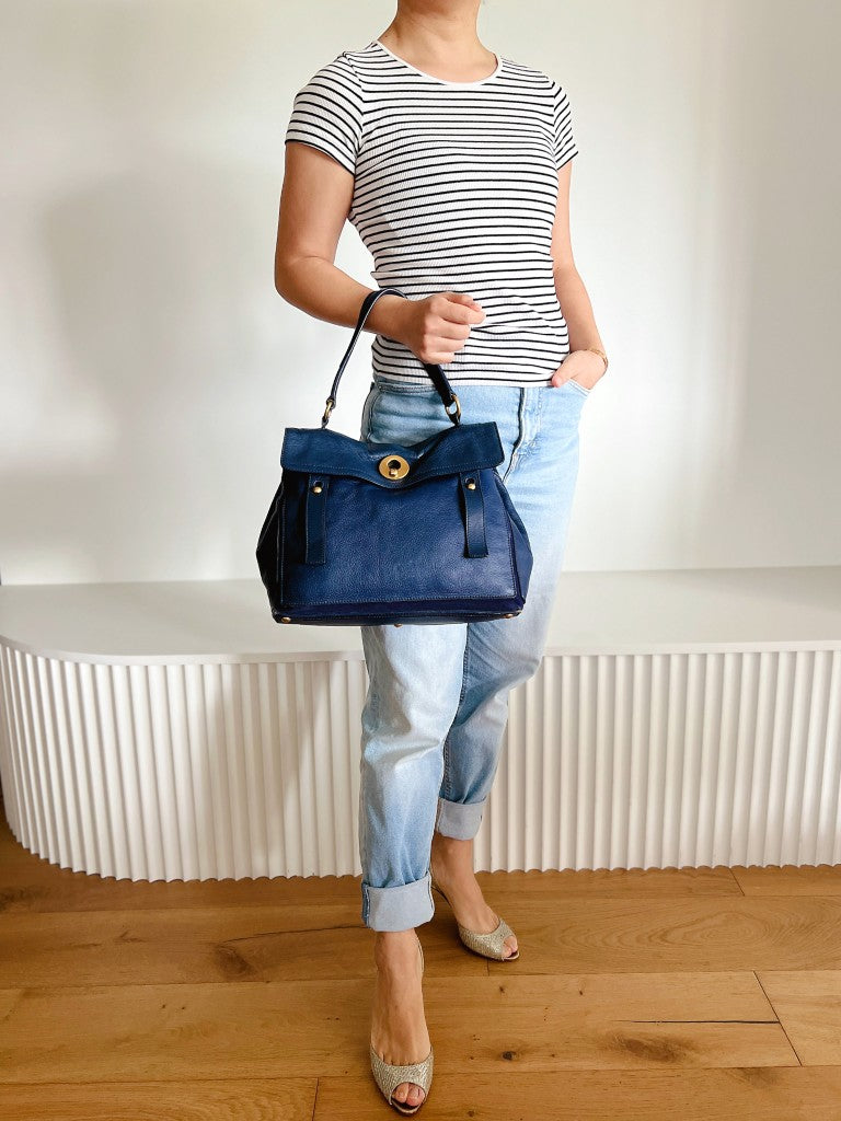 Yves Saint Laurent YSL Navy Leather Muse Two Tote Bag Excellent