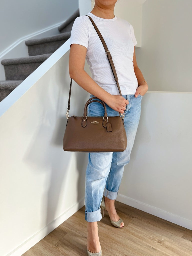Coach Mocha Leather Front Logo Career 2 Way Shoulder Bag Like New