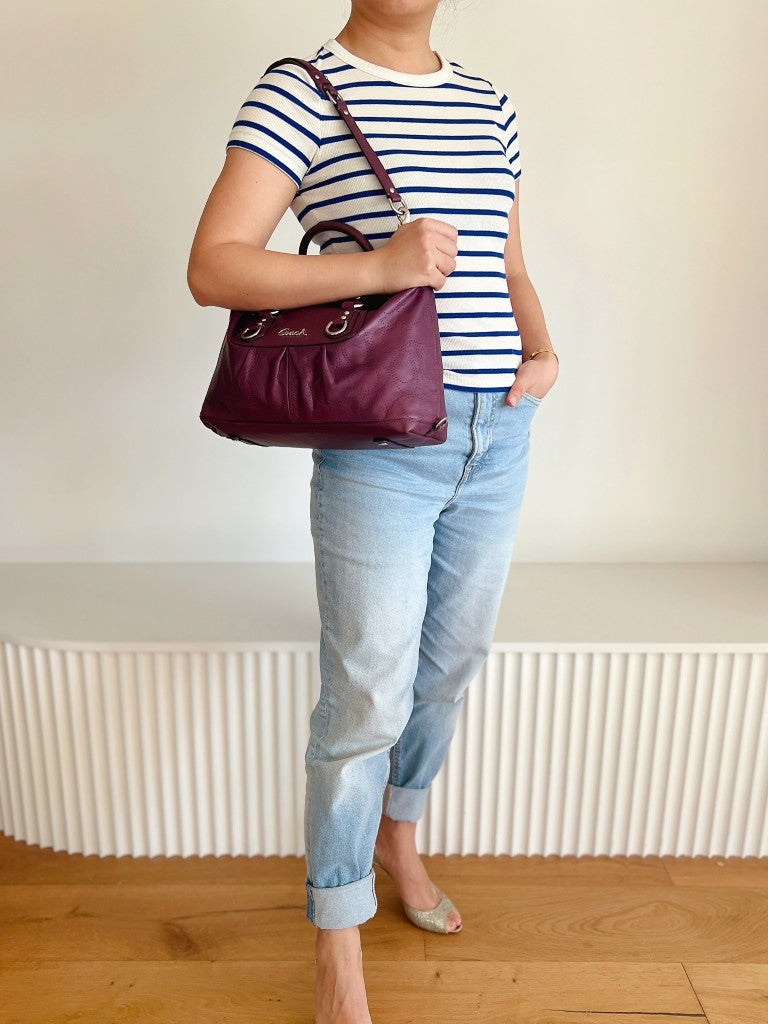 Coach Purple Leather Front Logo Boston 2 Way Shoulder Bag