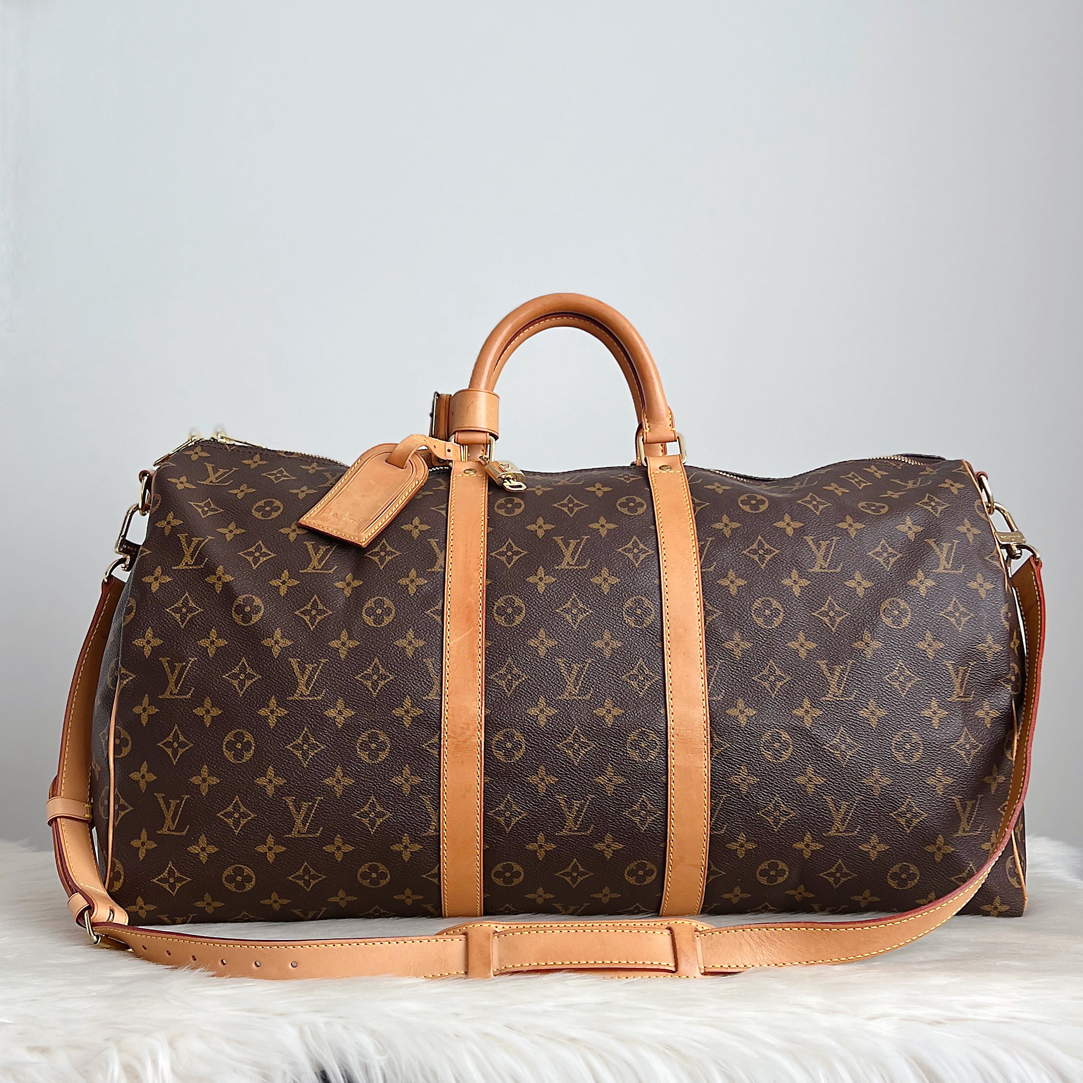 Louis Vuitton Signature Monogram Bandouliere Keepall 55 Travel Bag Full Set