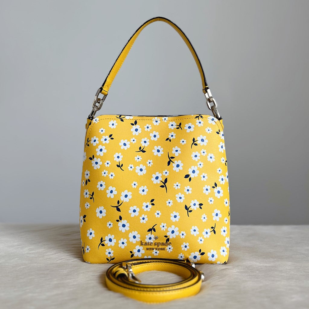 Kate Spade Yellow Leather Floral Pattern Bucket 2 Way Shoulder Bag Excellent