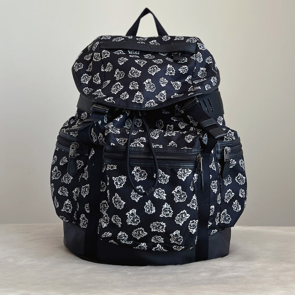 Coach Black Leather Floral Print Patchwork Large Backpack Excellent