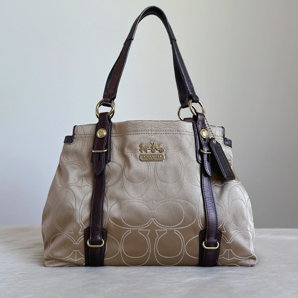 Coach Chocolate Leather Monogram Triple Compartment Shoulder Bag