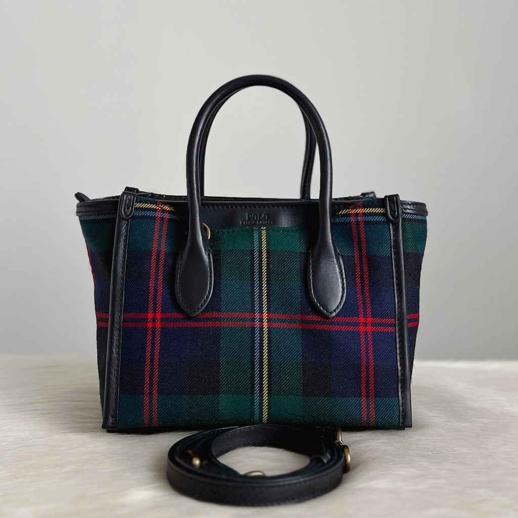 Ralph Lauren Black Leather Check Pattern 2 Way Shoulder Bag Excellent