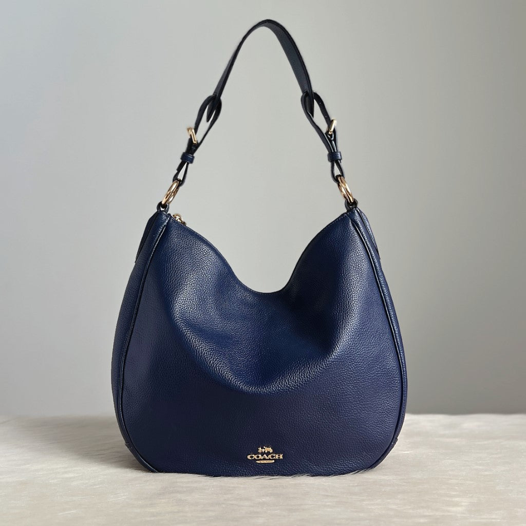 Coach Dark Blue Leather Front Logo Slouchy Shoulder Bag Excellent