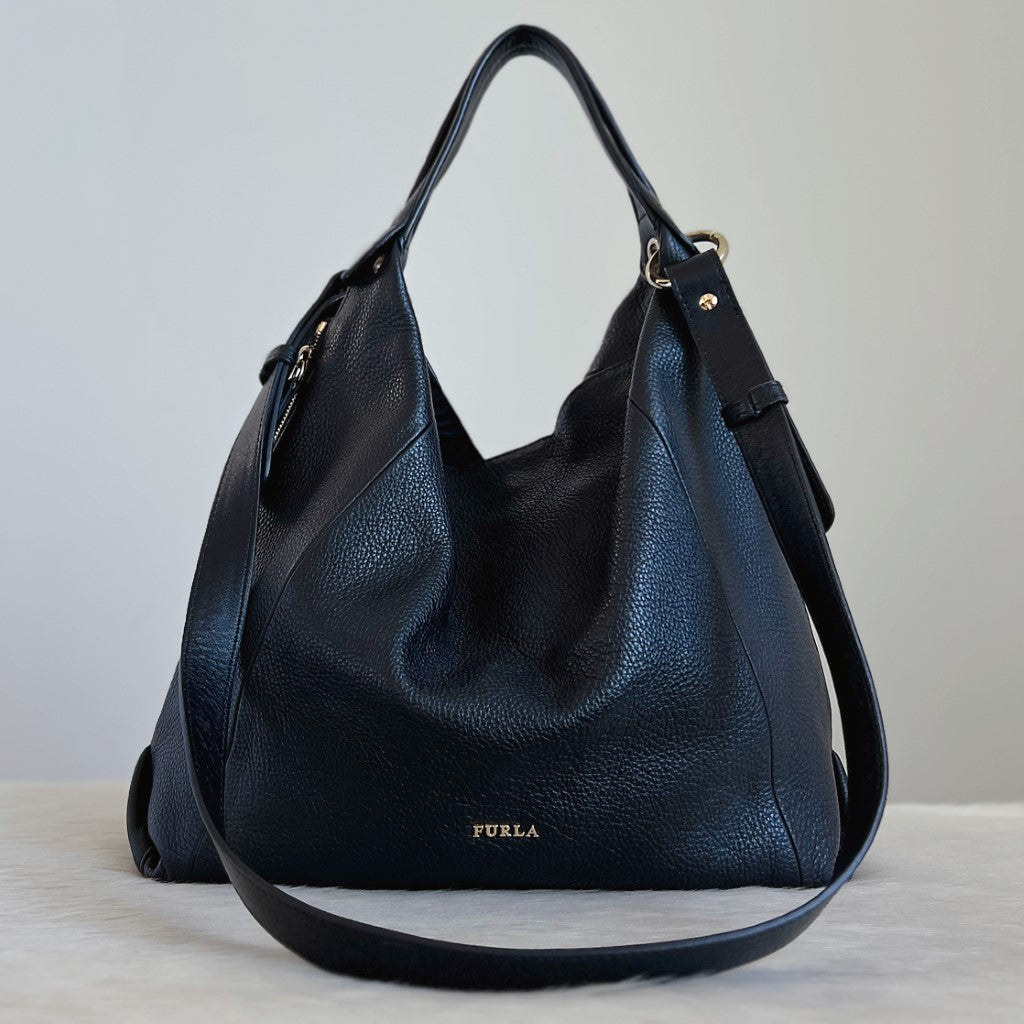 Furla Black Leather Slouchy Side Zip Detail 2 Way Shoulder Bag