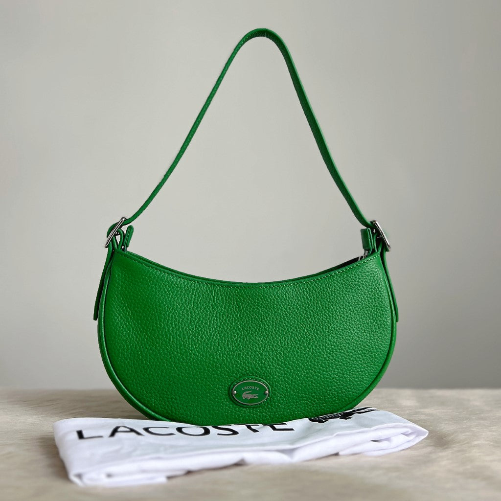 Lacoste Green Leather Front Logo Half Moon Shoulder Bag Like New