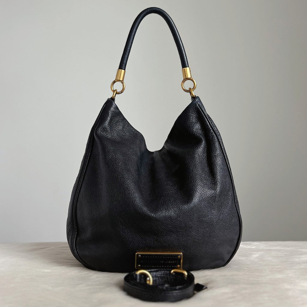 Marc Jacobs Black Leather Front Logo Slouchy 2 Way Shoulder Bag