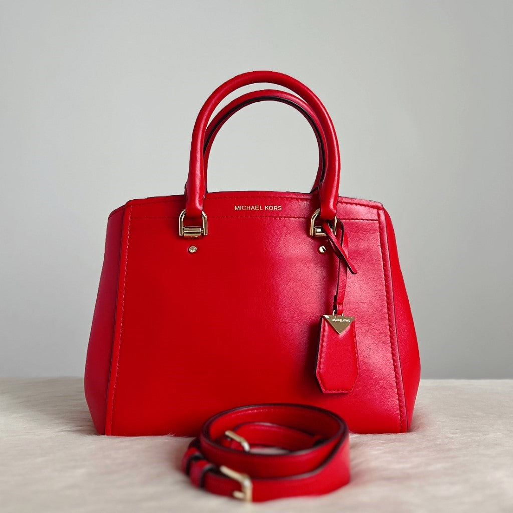 Michael Kors Red Leather Triple Compartment 2 Way Shoulder Bag Excellent