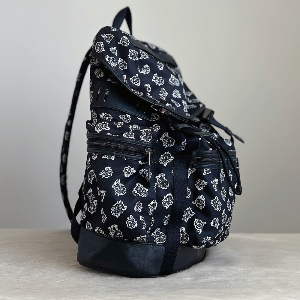 Coach Black Leather Floral Print Patchwork Large Backpack Excellent