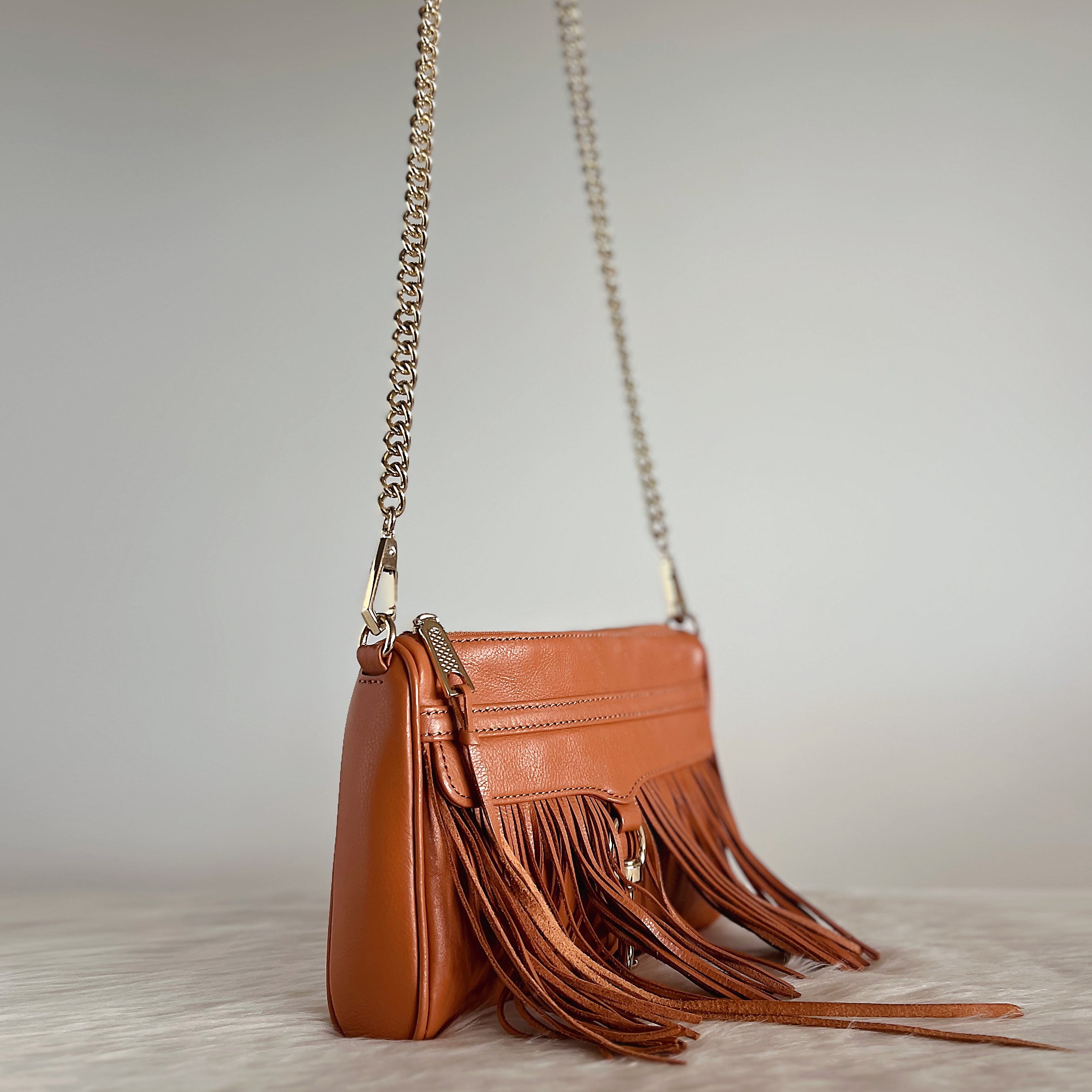 Rebecca Minkoff Caramel Leather Fringe Detail Crossbody Shoulder Bag Like New