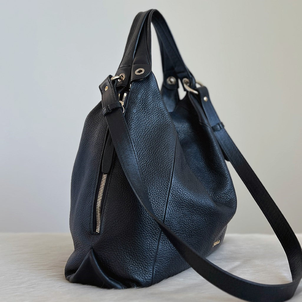 Furla Black Leather Slouchy Side Zip Detail 2 Way Shoulder Bag