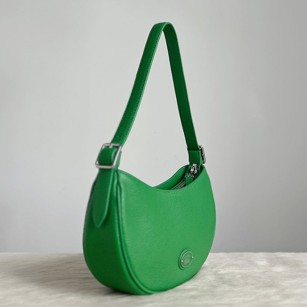 Lacoste Green Leather Front Logo Half Moon Shoulder Bag Like New