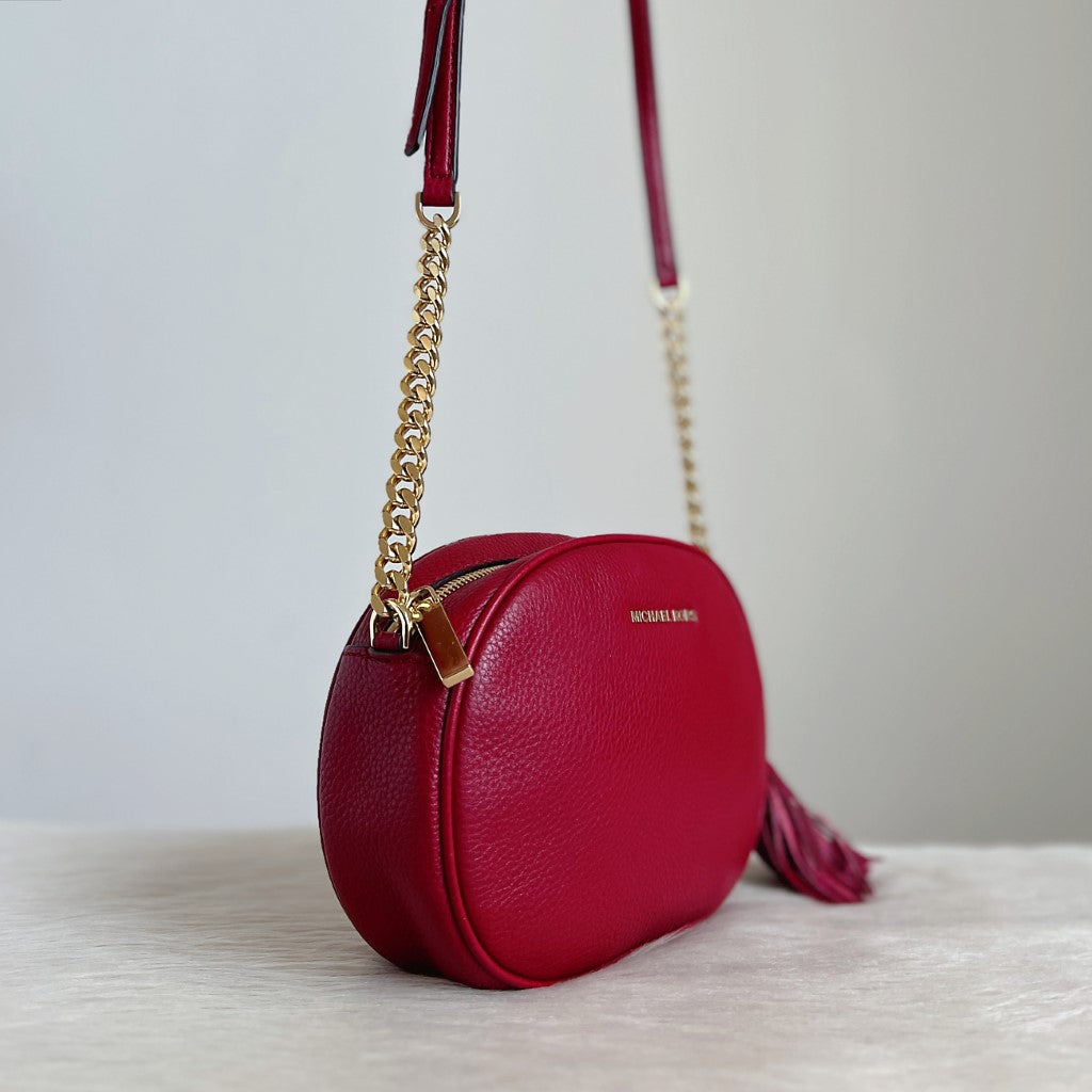 Michael Kors Maroon Leather Tassell Detail Crossbody Shoulder Bag