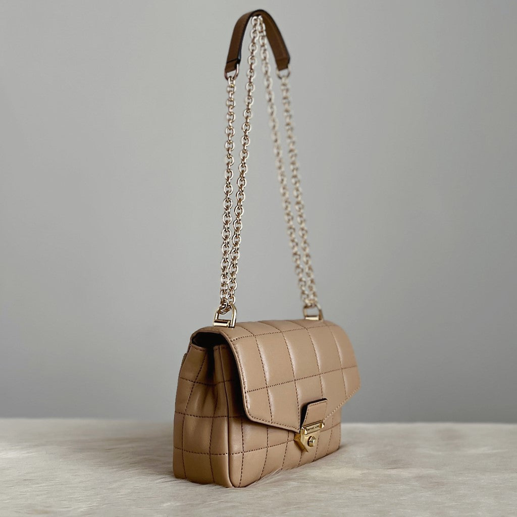 Michael Kors Mocha Leather Quilted Chain Detail 2 Way Shoulder Bag Like New