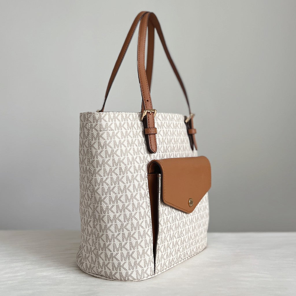 Michael Kors Caramel Leather Monogram Triple Compartment Shoulder Bag Like New