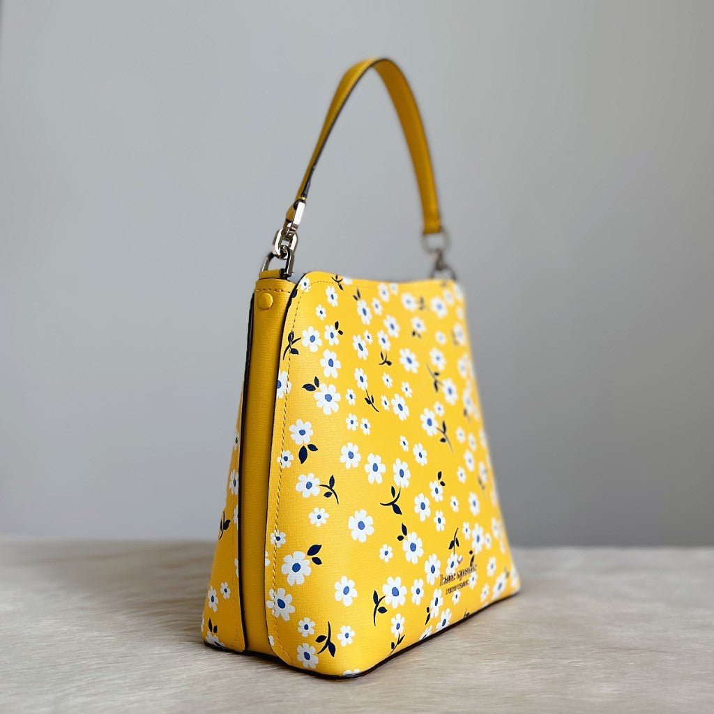 Kate Spade Yellow Leather Floral Pattern Bucket 2 Way Shoulder Bag Excellent