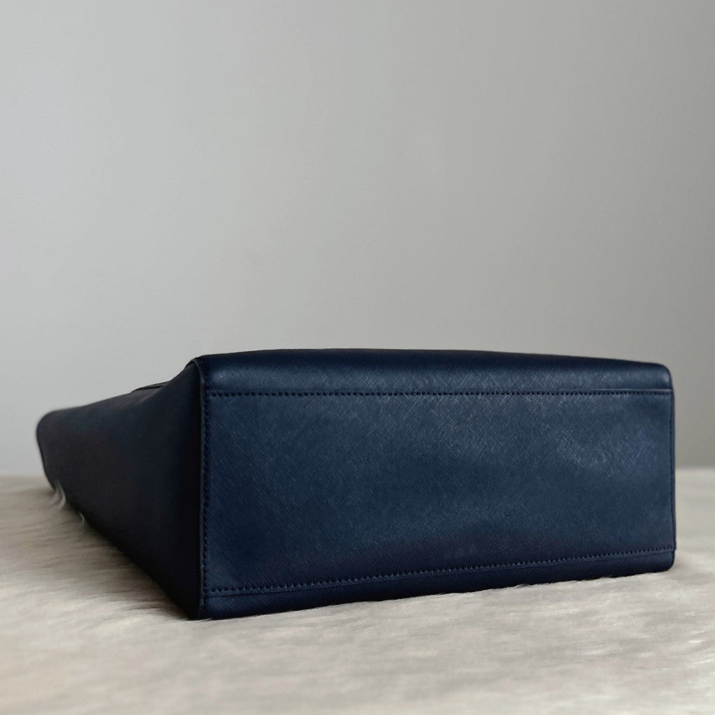 Tory Burch Navy Leather Triple Compartment Carryall Shoulder Bag Excellent