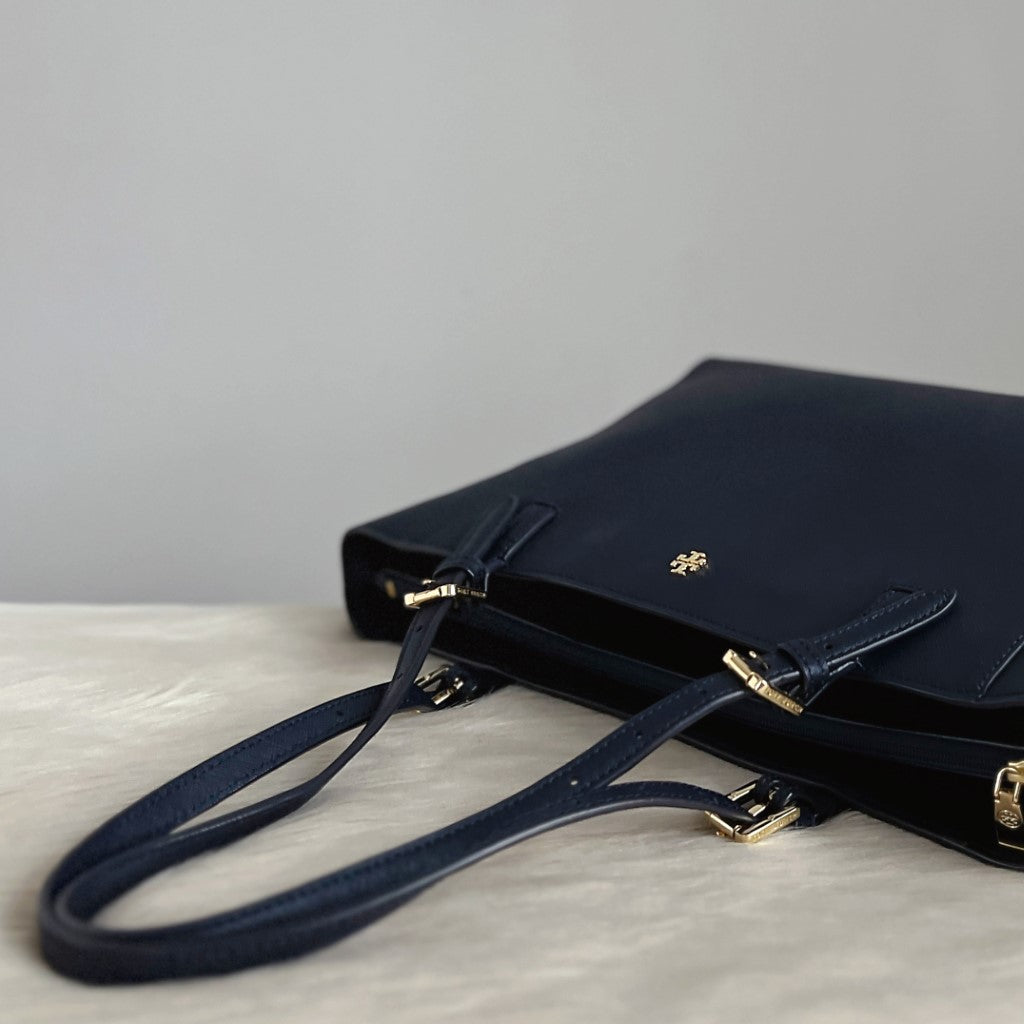 Tory Burch Navy Leather Triple Compartment Carryall Shoulder Bag Excellent