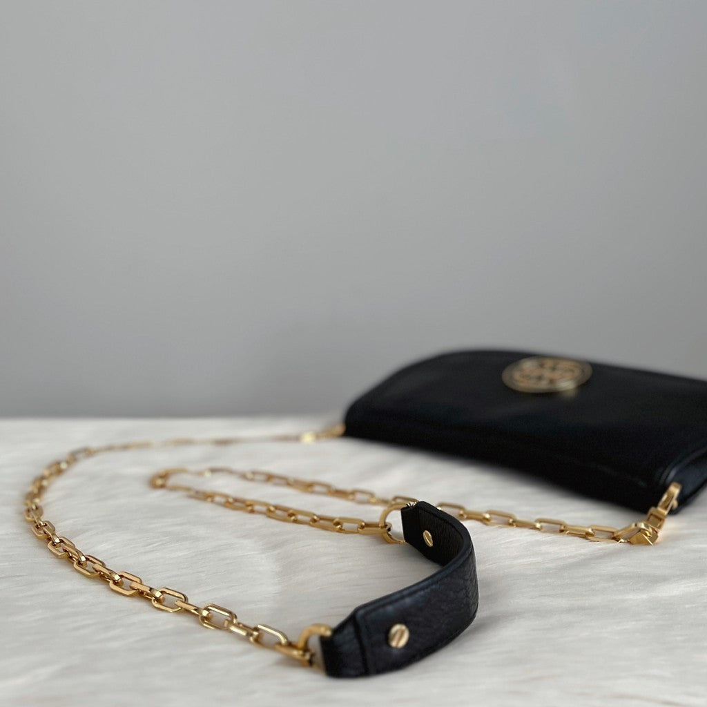 Tory Burch Black Leather Front Logo Chain Crossbody Shoulder Bag Like New
