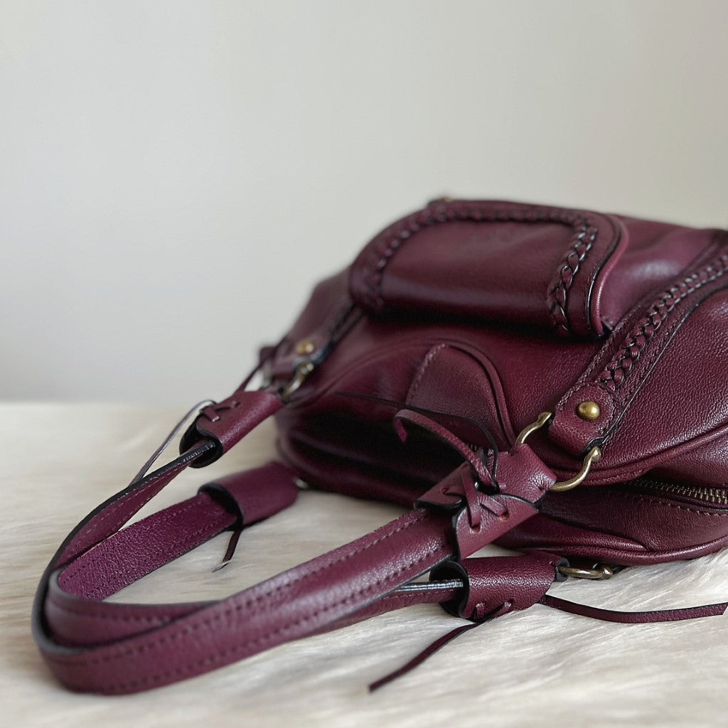 Anna Sui Burgundy Leather Pleated Detail Shoulder Bag Excellent