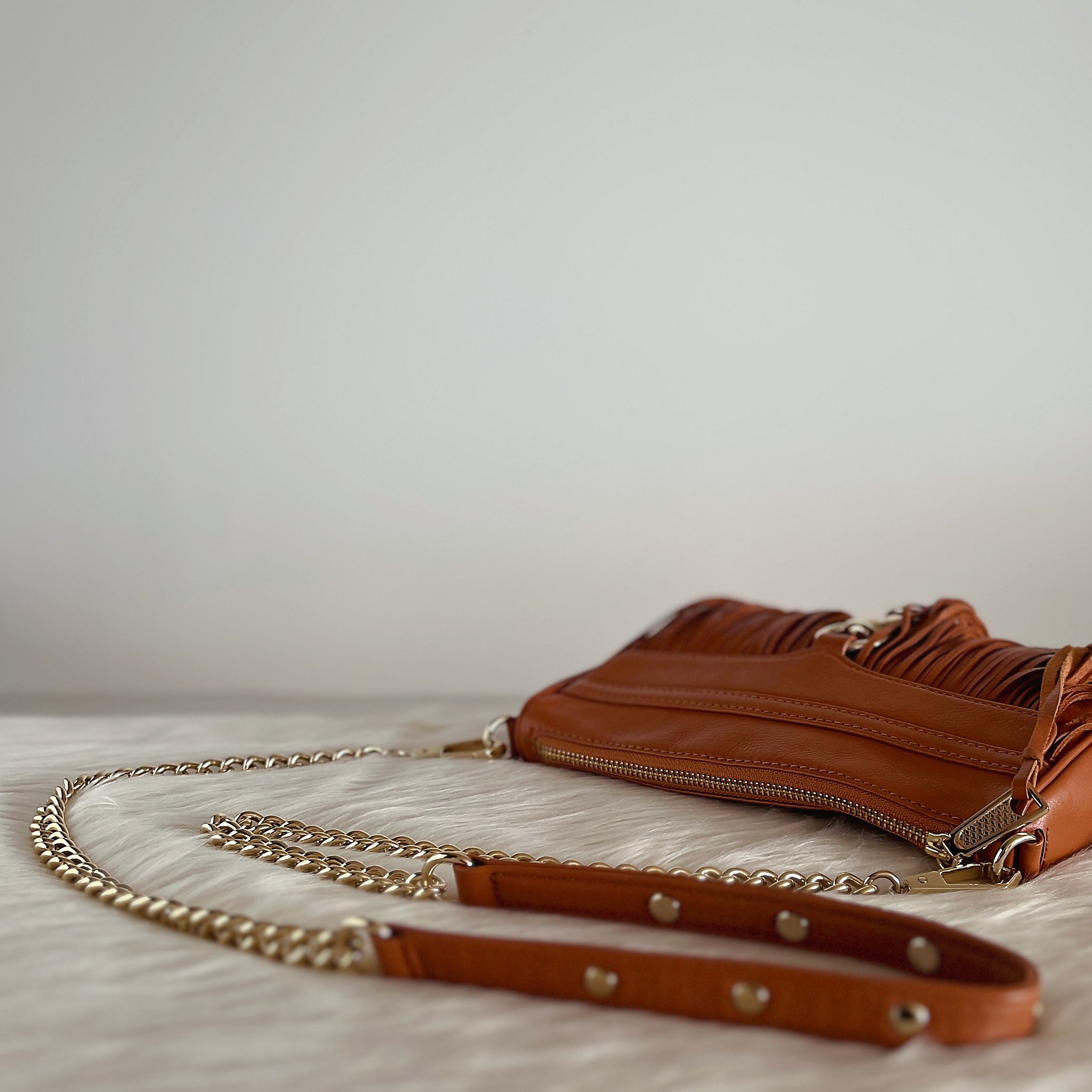 Rebecca Minkoff Caramel Leather Fringe Detail Crossbody Shoulder Bag Like New
