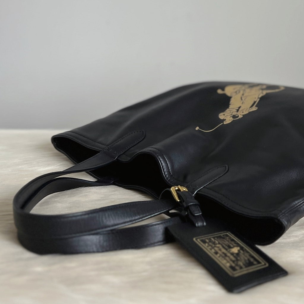 Ralph Lauren Black Leather Signature Logo Charm Detail Book Tote Bag Excellent