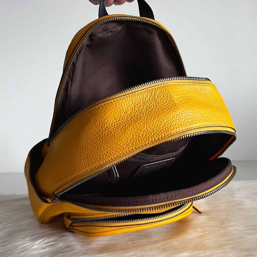 Coach Yellow Leather Front Logo Double Compartment Backpack Like New