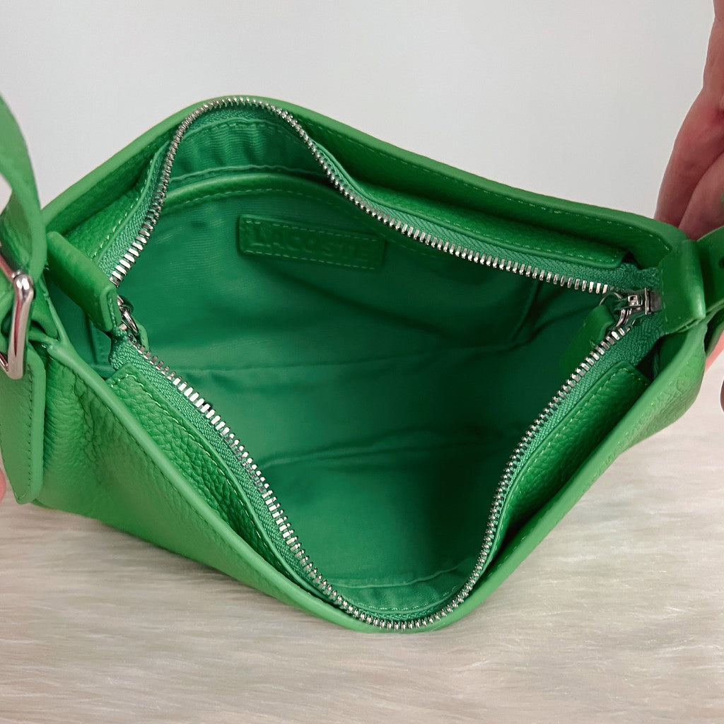 Lacoste Green Leather Front Logo Half Moon Shoulder Bag Like New