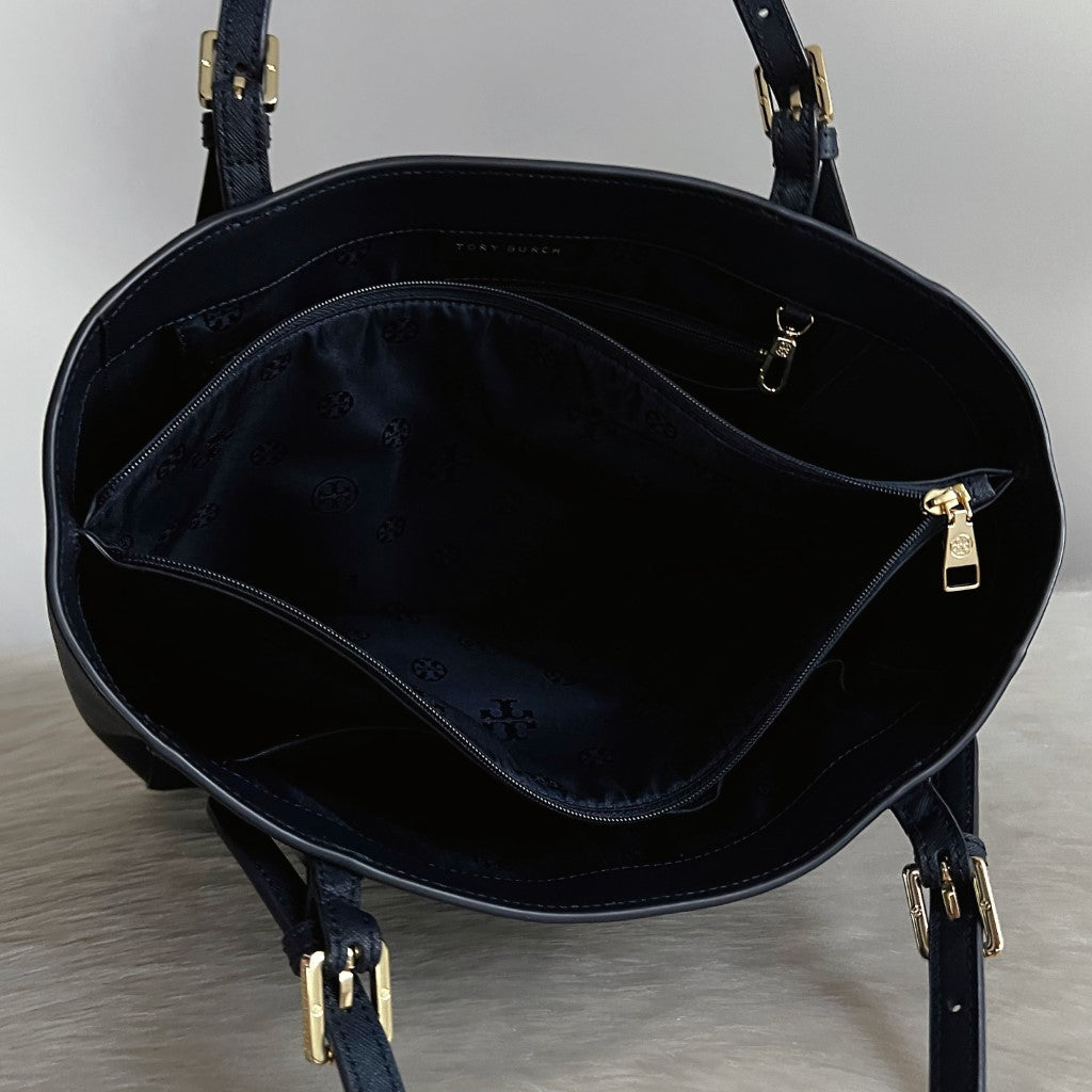Tory Burch Navy Leather Triple Compartment Carryall Shoulder Bag Excellent