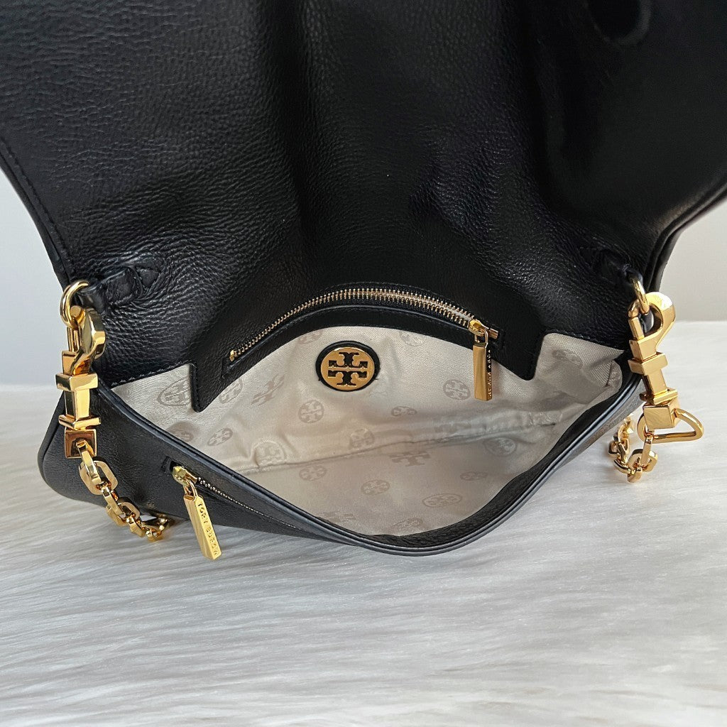Tory Burch Black Leather Front Logo Chain Crossbody Shoulder Bag Like New